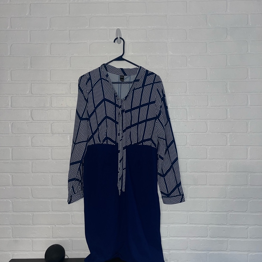 SHEIN Womens Dress Fitted Size Large Navy Blue Pattern Work Dress Business - Picture 2 of 3